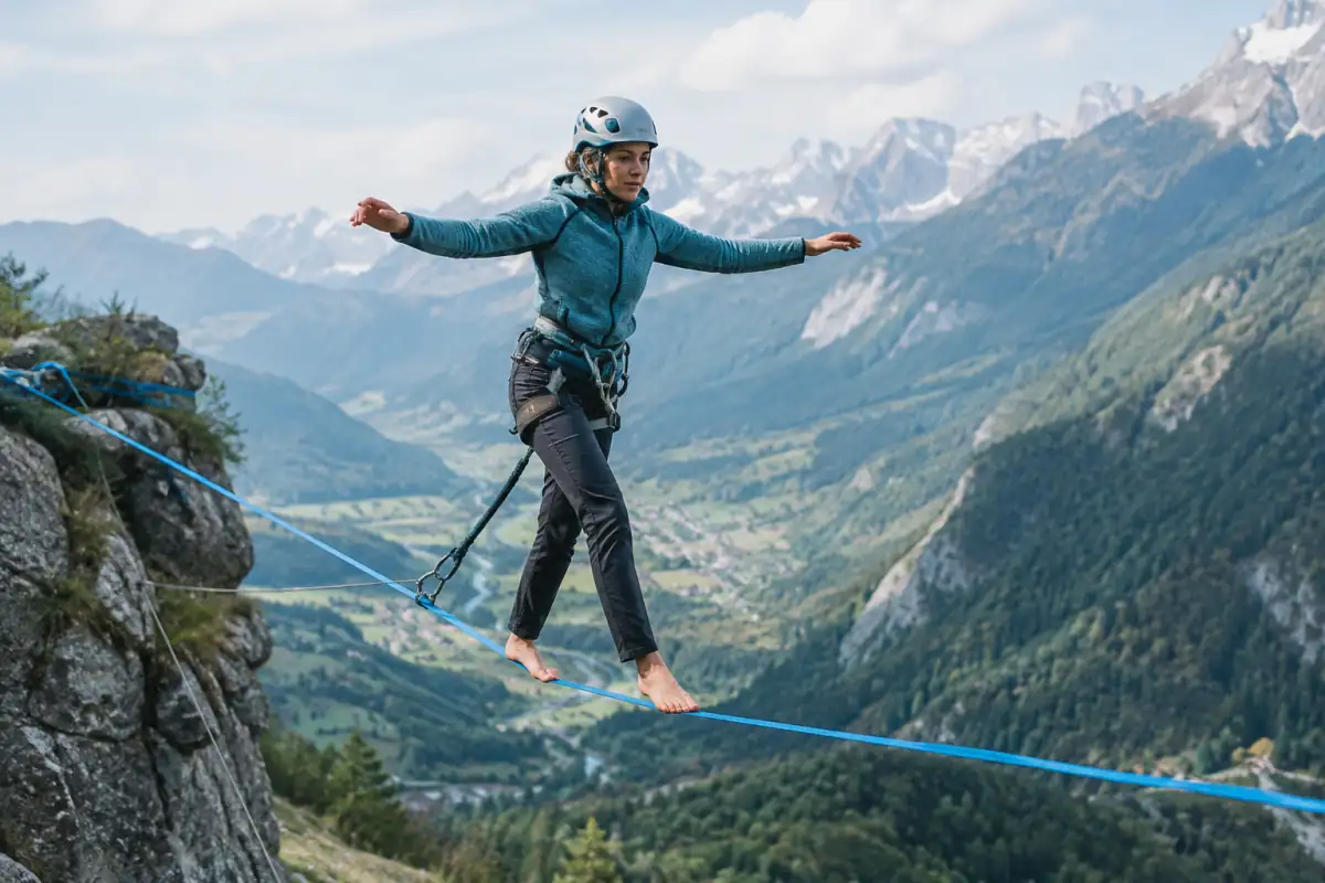 Pratiquant de highline avançant sur une sangle au-dessus d’une vallée, équipé d’un baudrier, d’une longe de sécurité et d’un casque.