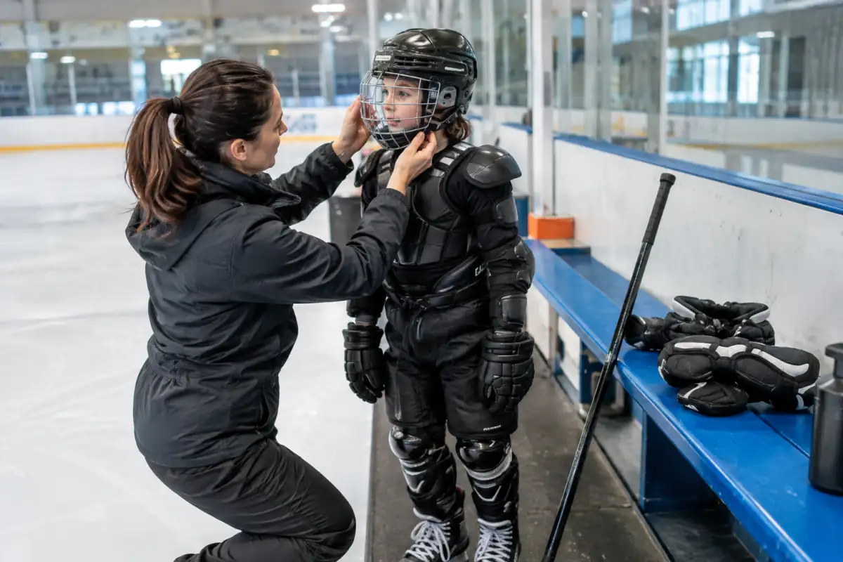 Un entraîneur vérifie le casque, la grille et les protections d’un débutant avant une séance de hockey sur glace.