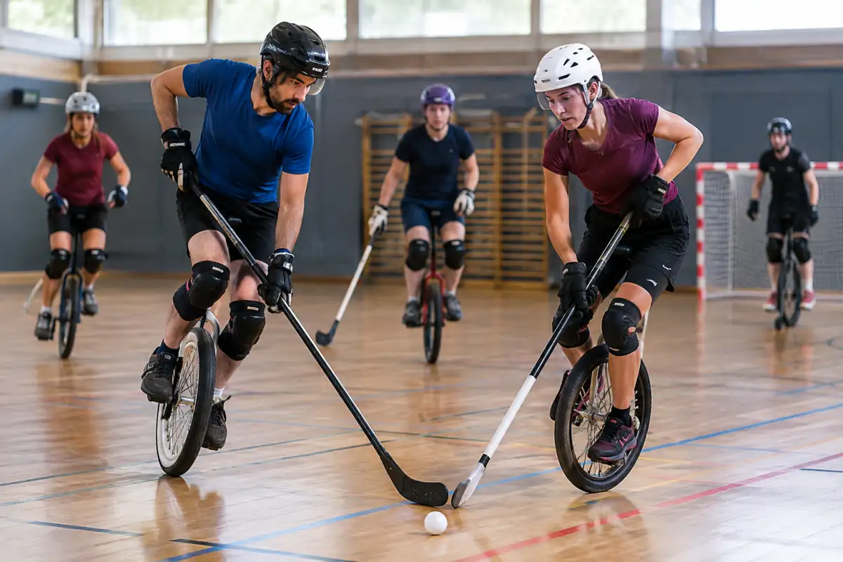 Match de hockey sur monocycle dans un gymnase : joueurs en équilibre, crosse au sol et balle en jeu.