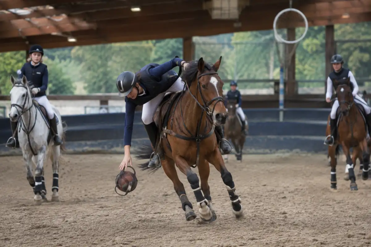 Match de horse-ball en manège : une cavalière ramasse le ballon à poignées au galop tandis que ses coéquipiers se démarquent.