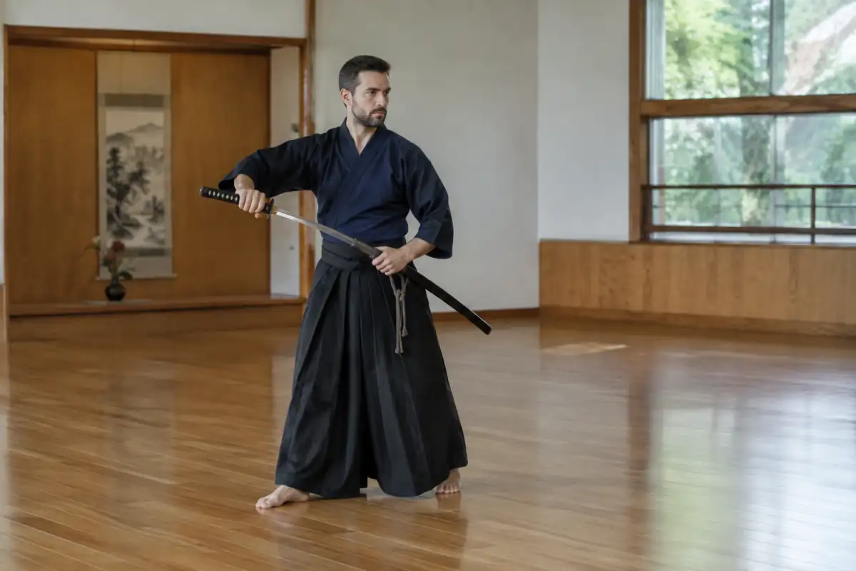 Un pratiquant d’iaïdo en hakama exécute un dégainé contrôlé au iaito dans un dojo spacieux.