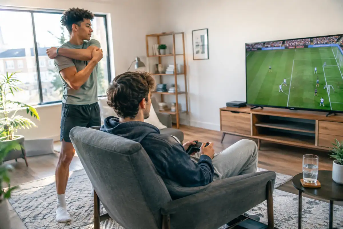 Joueur d’e-football installé face à son écran, manette tenue sans crispation et posture soutenue pour limiter l’inconfort.