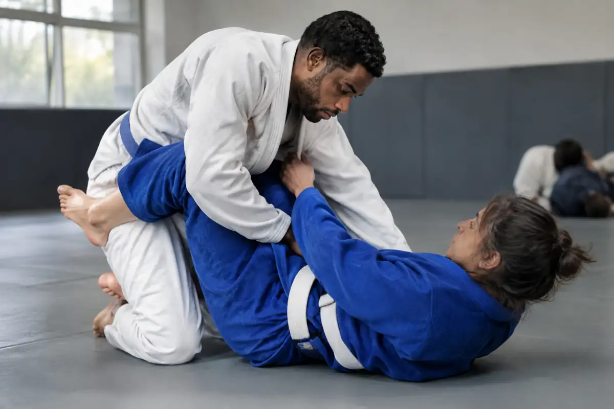 Deux pratiquants en kimono travaillent le passage de garde au sol pendant un entraînement de jiu-jitsu brésilien dans un club.