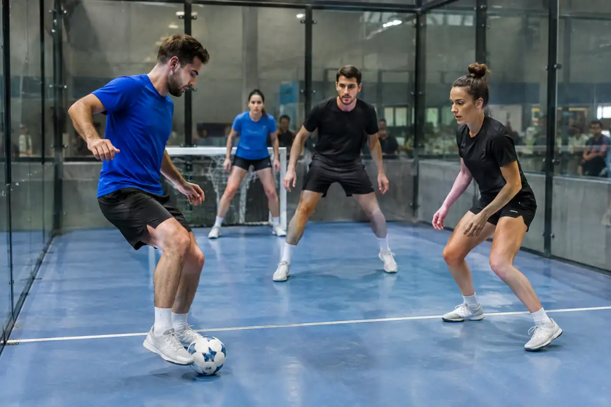 Quatre joueurs disputent un match de Jorkyball à deux contre deux dans un terrain intérieur fermé par des parois vitrées.