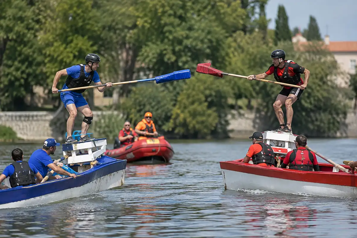 Joutes parisiennes sur une rivière : deux jouteurs en équilibre sur leurs embarcations engagent une passe à la lance.