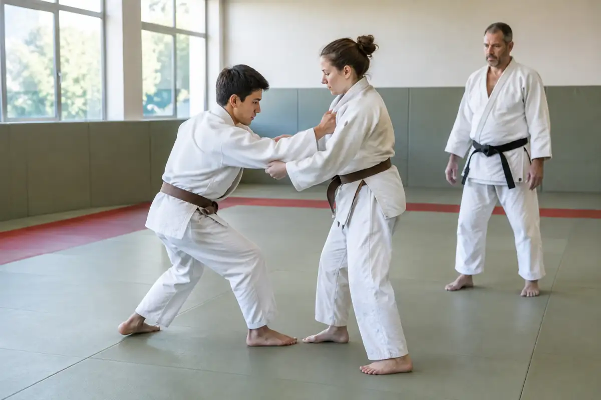 Deux débutants en judogi répètent une entrée de projection sur tatami sous le regard attentif de leur enseignant.