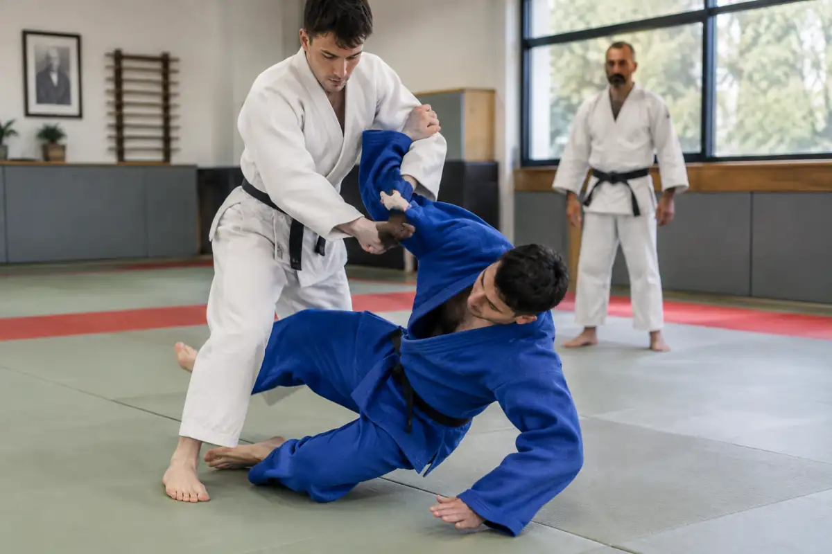 Deux pratiquants en jujitsugi travaillent une entrée de projection contrôlée sur tatami dans un dojo de jujitsu.