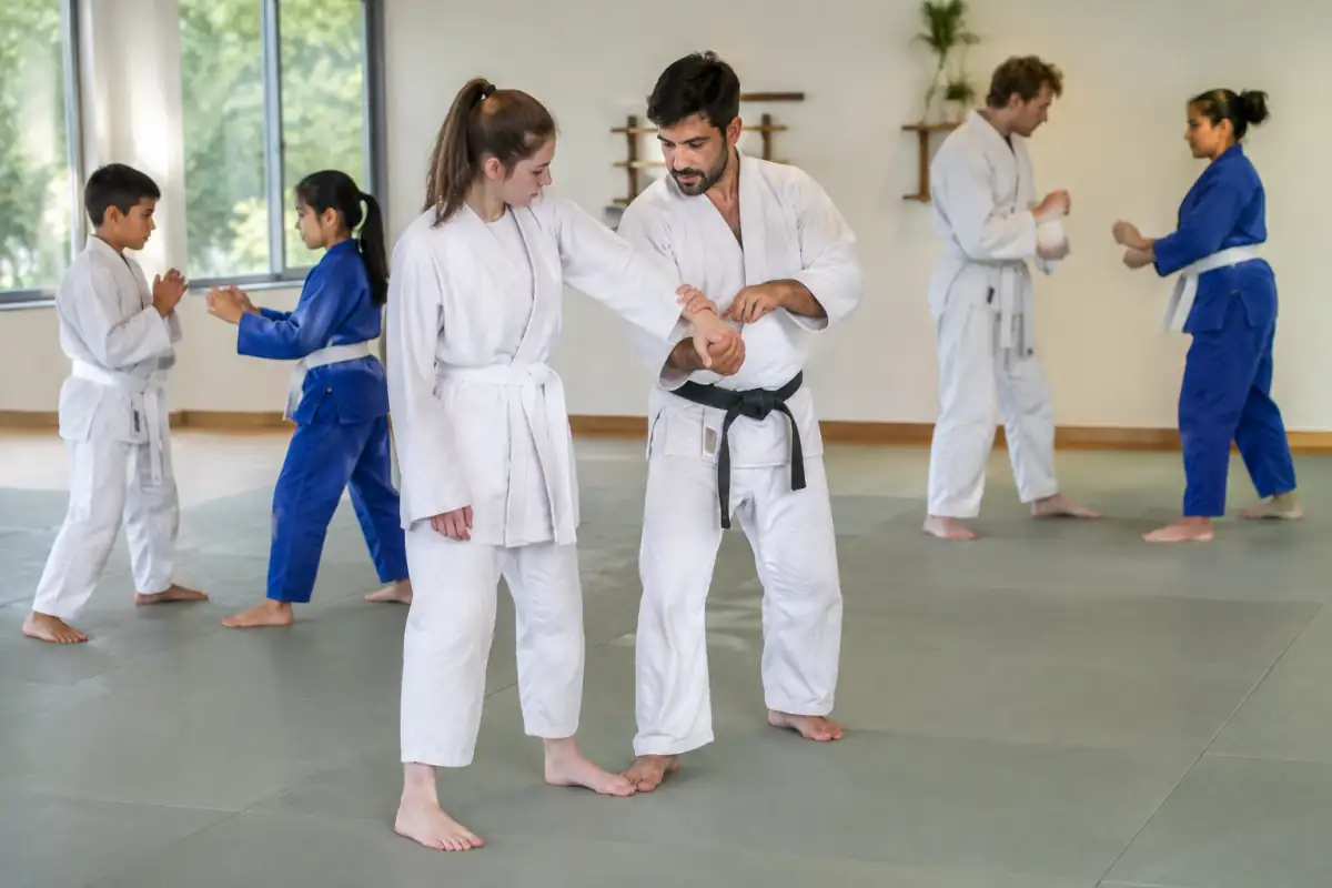 Un enseignant guide des adultes débutants et des enfants pendant une séance d’essai de jujitsu sur tatami.