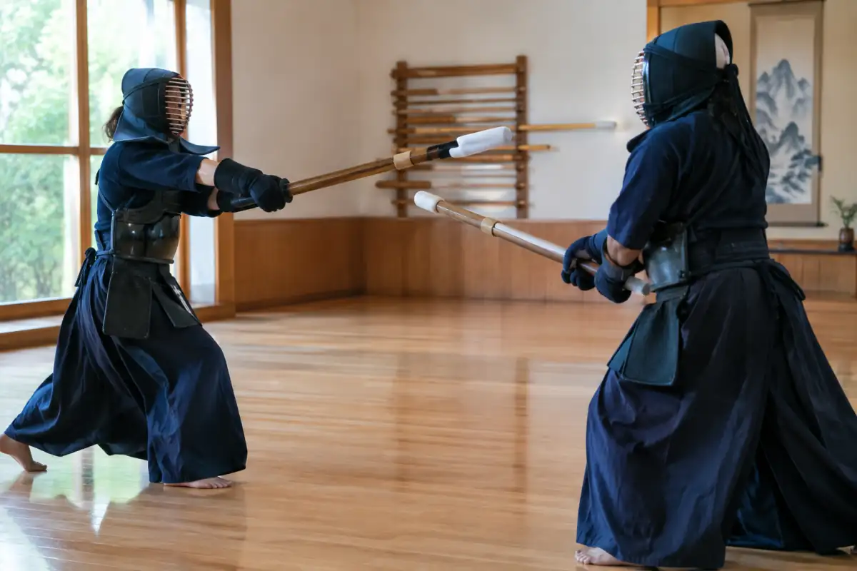 Deux pratiquants en armure s’entraînent au jūkendō avec des mokuju dans un dojo, lors d’un assaut contrôlé.
