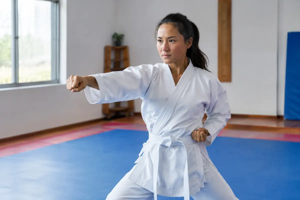 Débutant en karaté travaillant lentement un coup de poing en position stable dans un dojo dégagé.