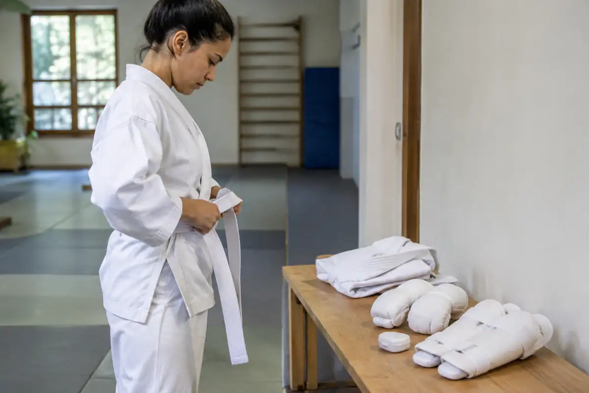 Débutant vérifiant son karategi blanc et ses protections de karaté avant un cours sur le tatami.