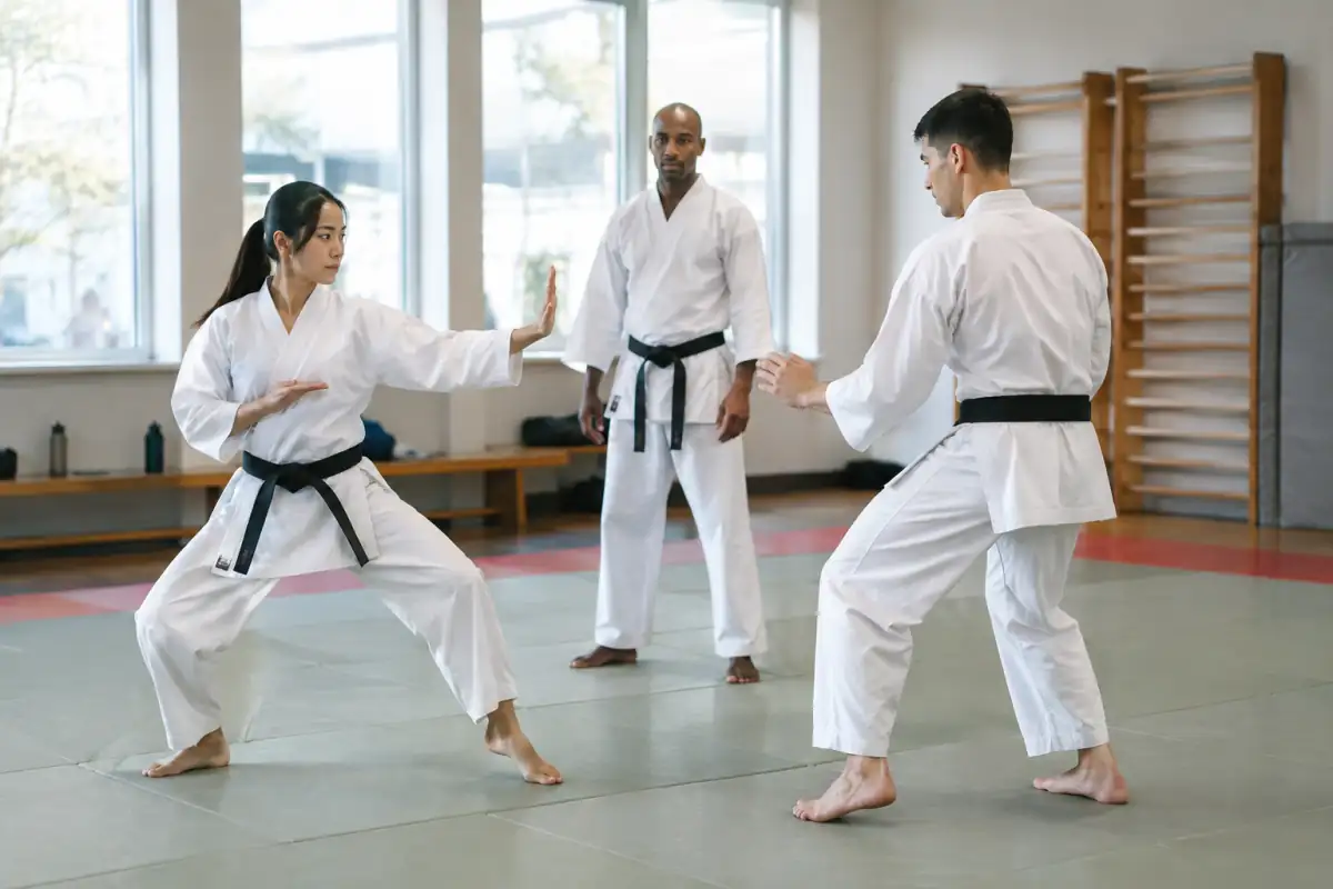 Dans un dojo, deux adultes travaillent un déplacement de karaté à distance contrôlée sous le regard de leur professeur.