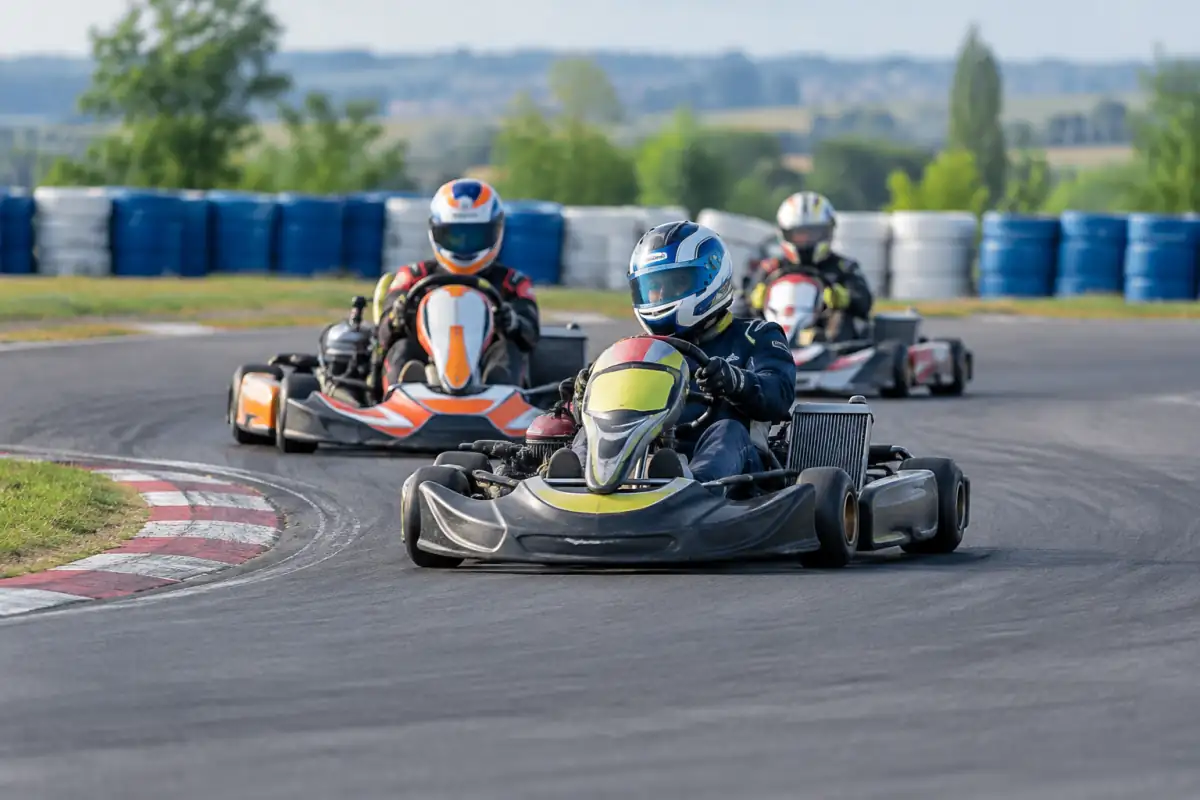 Pilotes en karts monoplaces négociant un virage sur circuit extérieur, équipés de casques, gants et combinaisons.