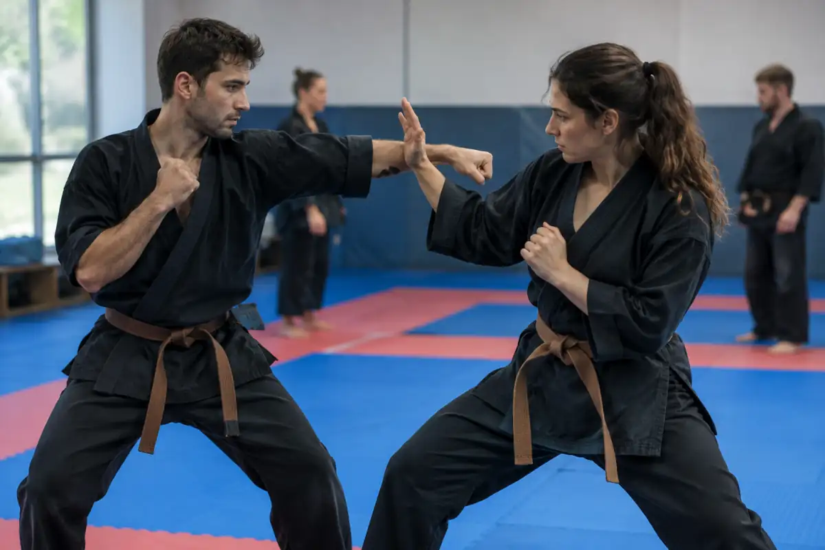 Deux pratiquants répètent une esquive et une contre-attaque de kenpo américain dans un dojo, en tenue d’entraînement.
