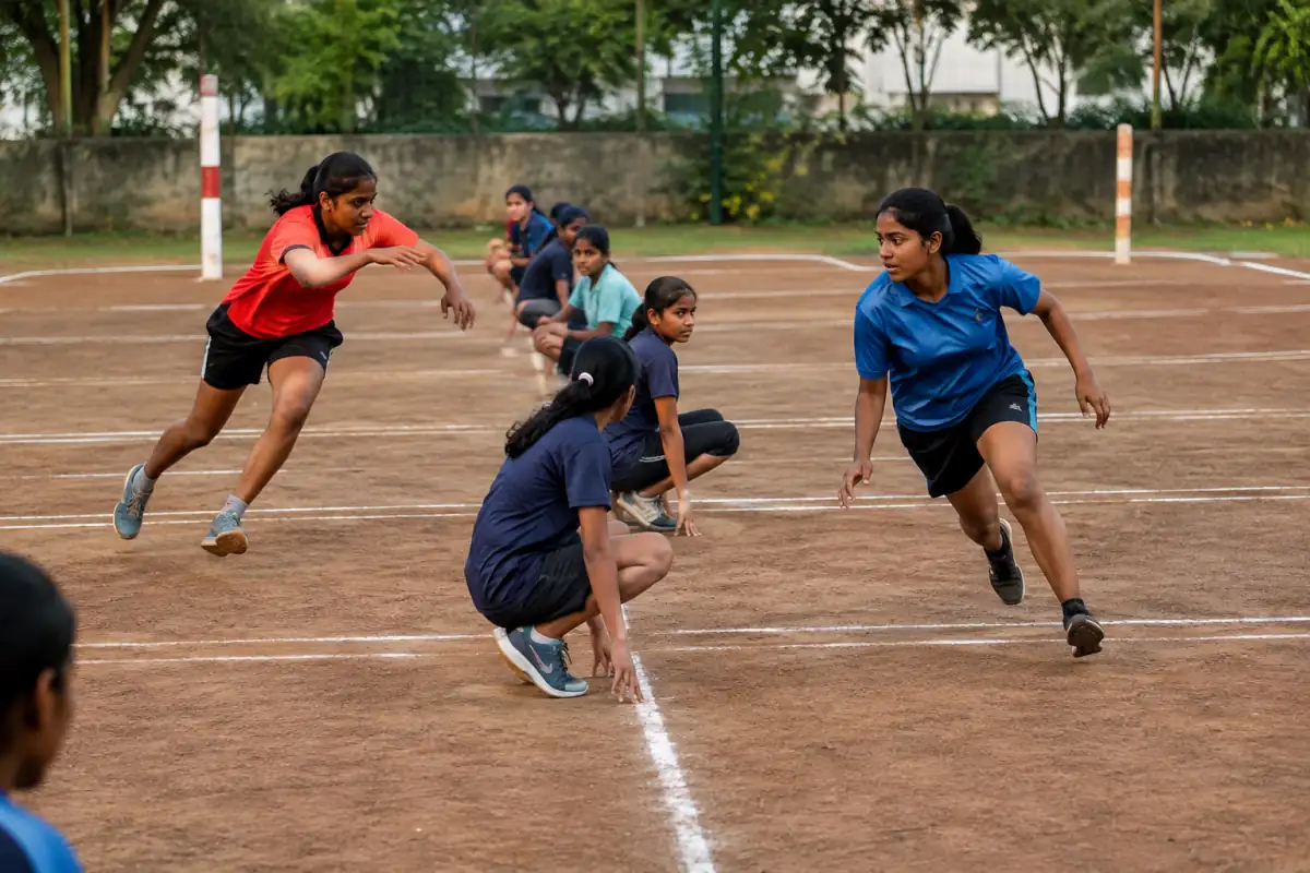 Match de kho-kho : un chasseur poursuit un coureur tandis que ses coéquipiers attendent assis le long de la ligne centrale.