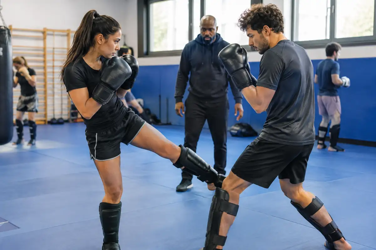 Deux adultes s’entraînent au kick-boxing en salle, avec gants, protège-tibias et travail technique supervisé.