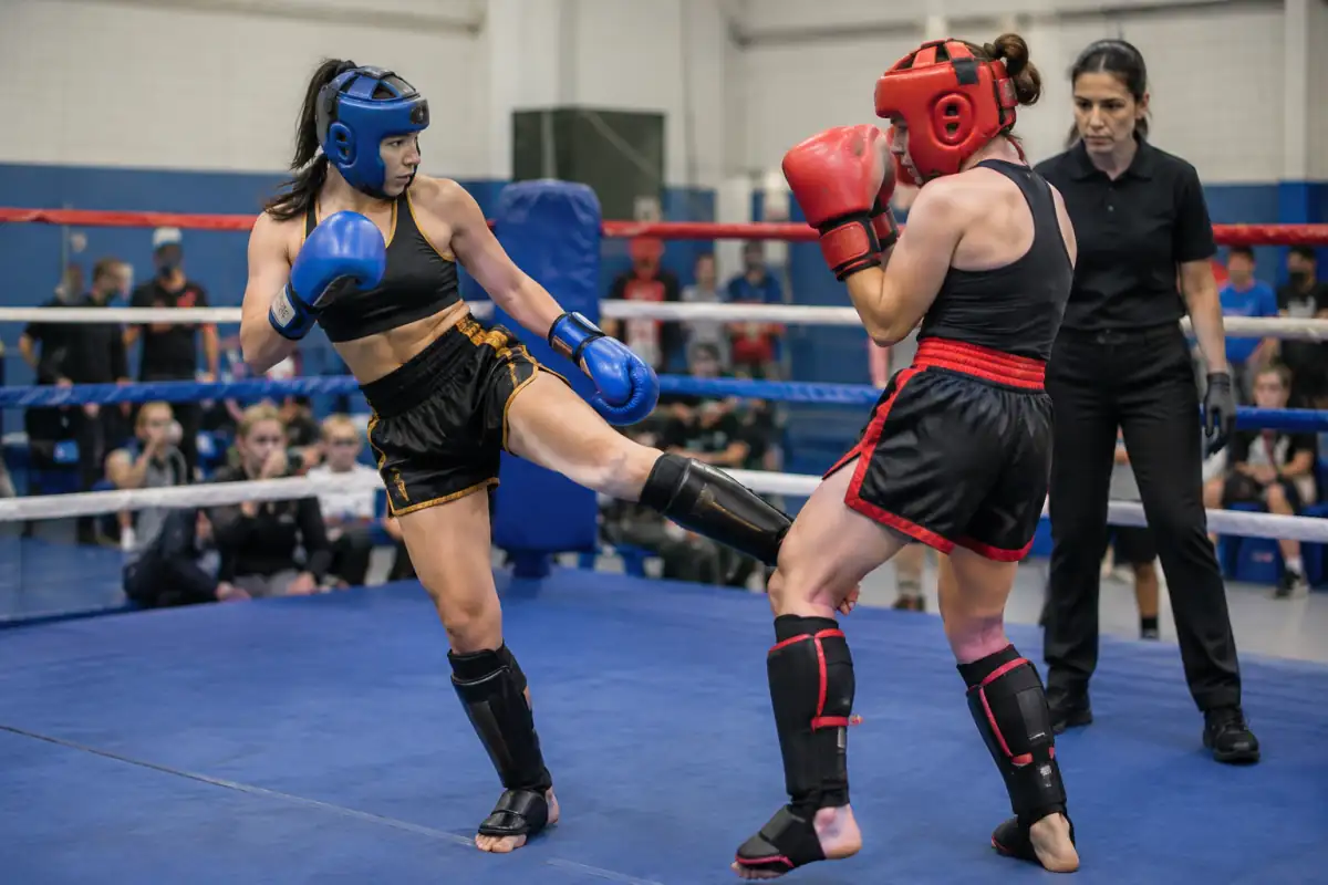 Deux combattants amateurs exécutent un low-kick contrôlé en ring, sous l’œil attentif de l’arbitre et avec des protections réglementaires.