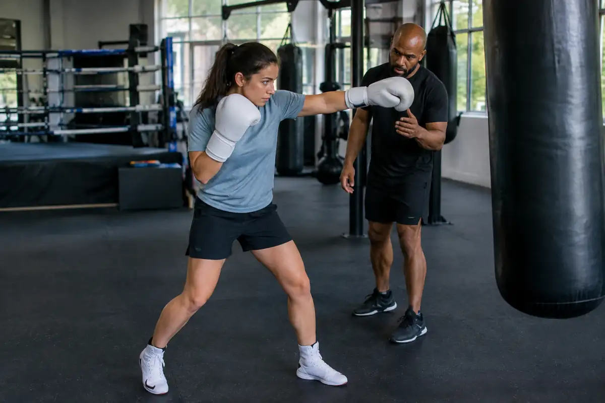 Débutant en kick-boxing travaillant un enchaînement poings et une sortie d’angle sous le regard de son entraîneur.