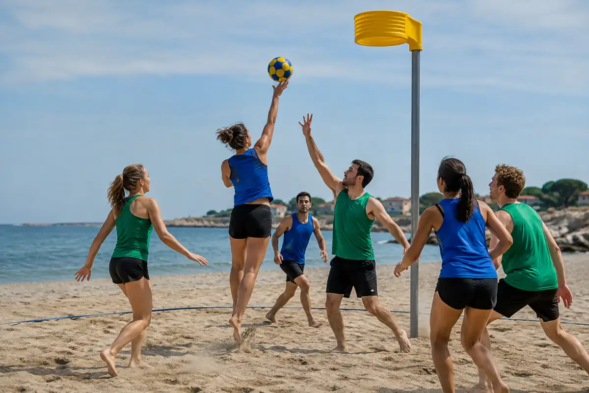 Des joueurs et joueuses disputent un match de korfbal de plage sur le sable autour d’un panier sur poteau.