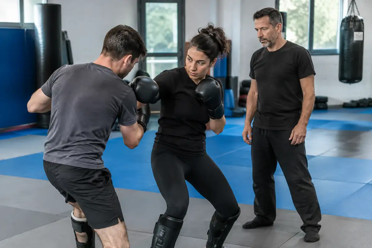 Deux adultes répètent une défense contrôlée en krav-maga dans une salle de sport, sous le regard de leur instructeur.