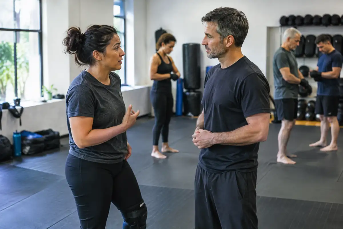Un enseignant accueille une débutante avant un cours de krav-maga et écoute ses limites dans une salle d’entraînement.