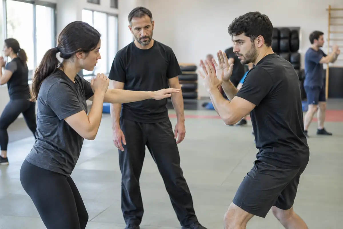 Deux élèves répètent un exercice de krav-maga à vitesse contrôlée sous la supervision attentive de leur enseignant.