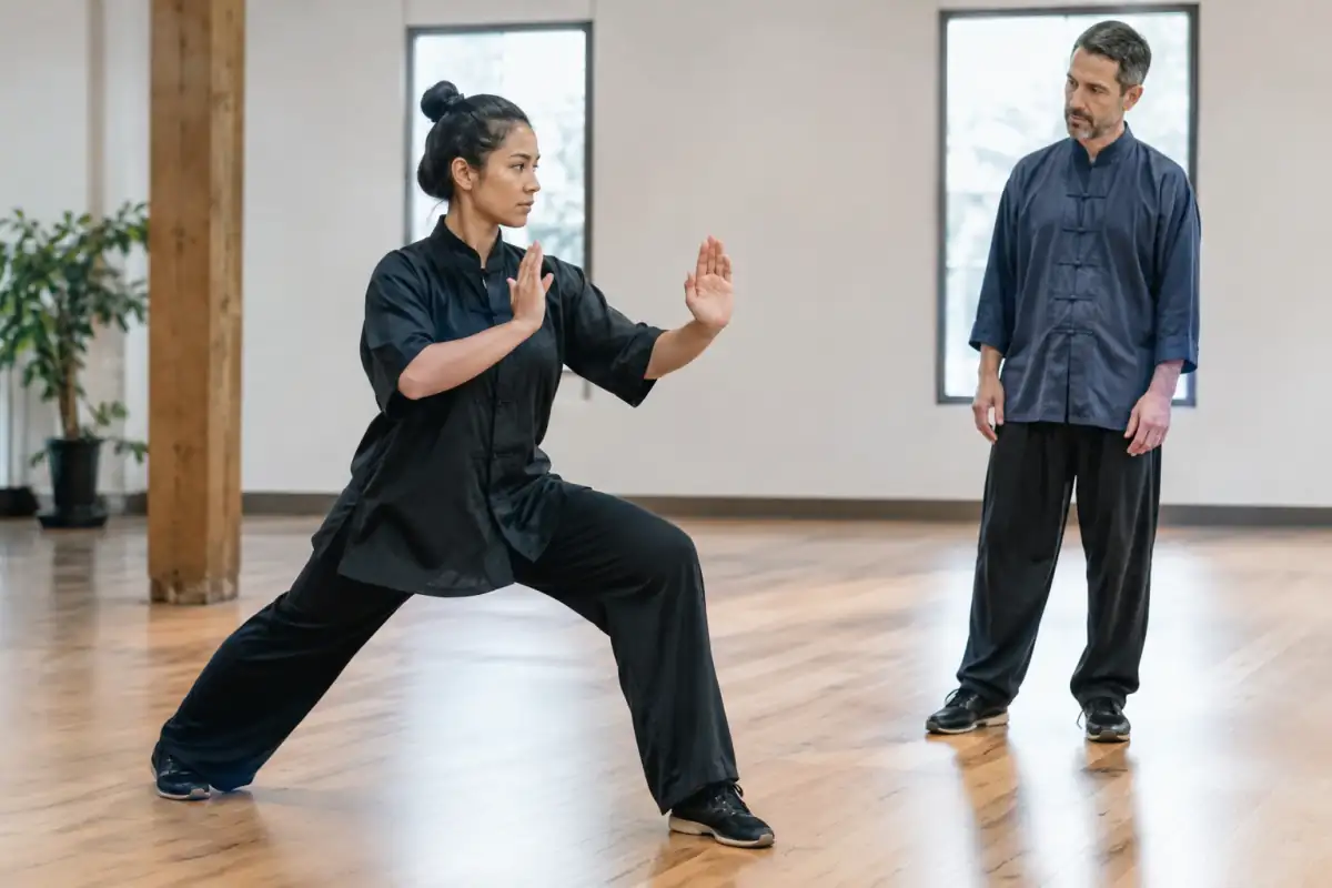 Débutant en kung-fu travaillant une position d’arc à hauteur confortable dans une salle dégagée, sous le regard d’un enseignant.