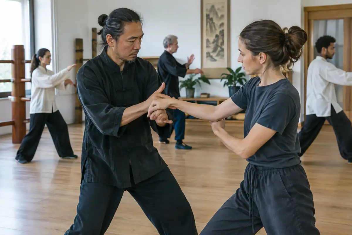 Un professeur montre à un élève une technique de bras contrôlée pendant un cours de kung-fu dans une salle d’entraînement.