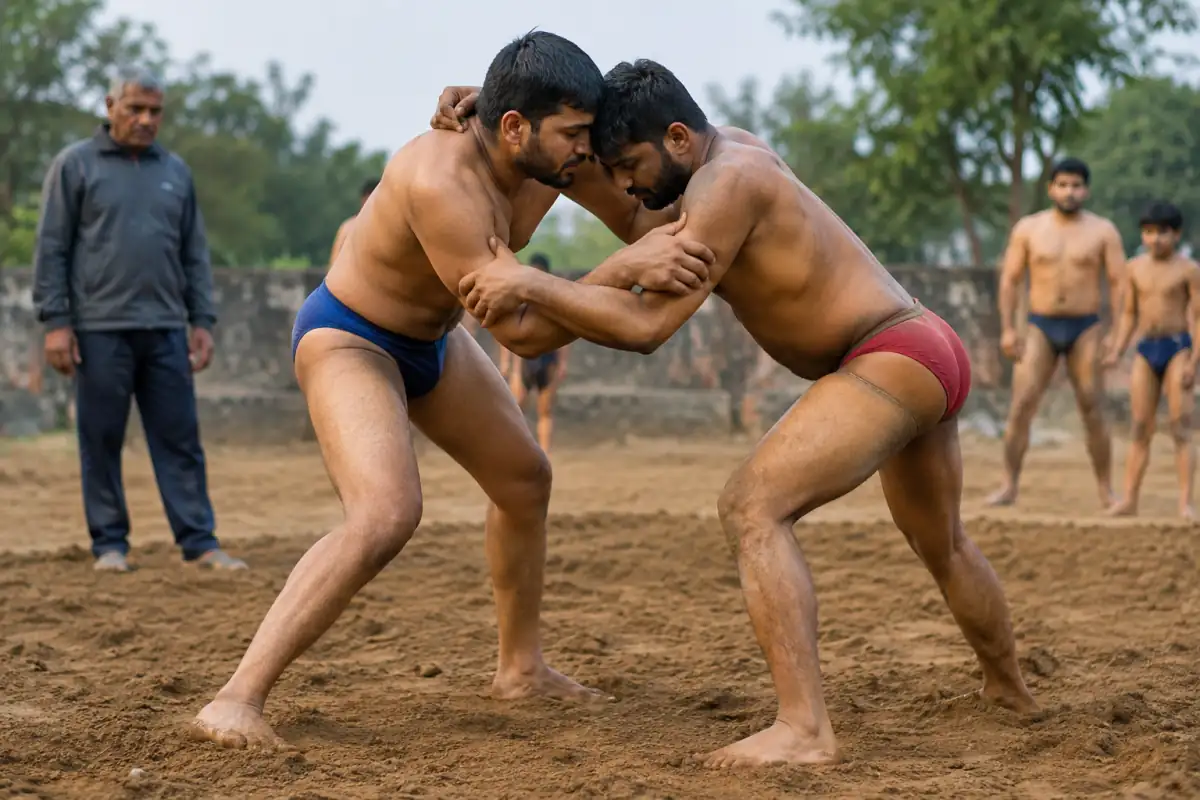 Deux lutteurs en langot s’entraînent en saisie dans une arène de terre traditionnelle de kushti.