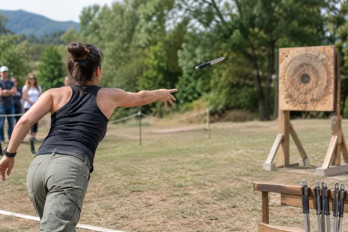 Un pratiquant lance un couteau de sport vers une cible en bois dans un pas de tir sécurisé en France.