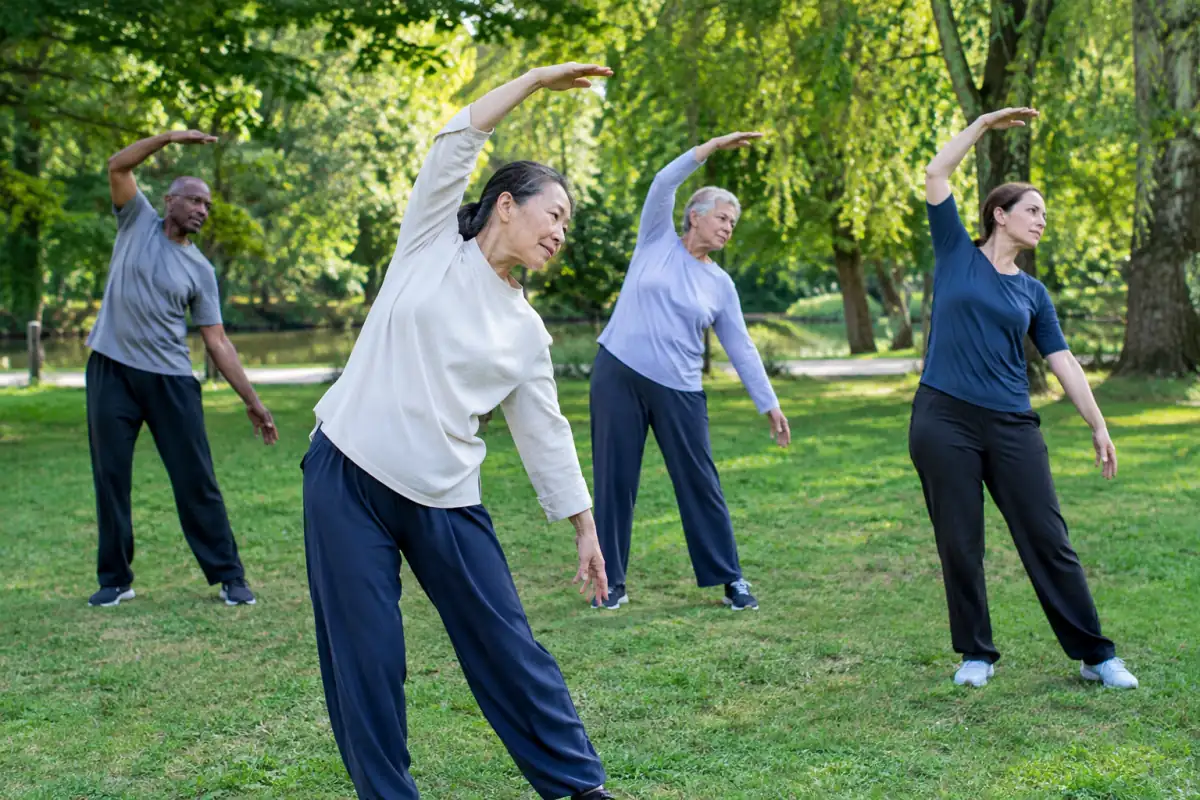Séance de Lian Gong en plein air : des pratiquants réalisent lentement des mouvements d’ouverture des épaules et d’étirement du dos.