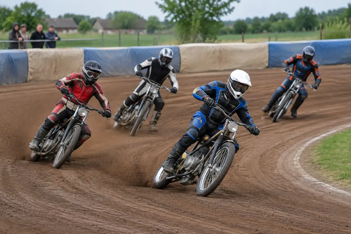 Course de long track moto : quatre pilotes en glisse dans un virage sur une piste ovale en terre.