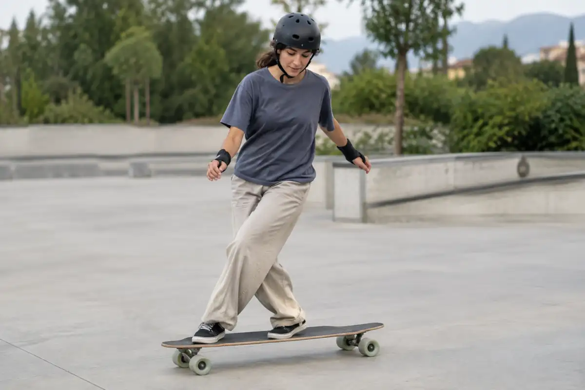 Pratiquant de longboard dancing casqué réalisant un pas croisé sur une planche longue, sur une aire lisse.