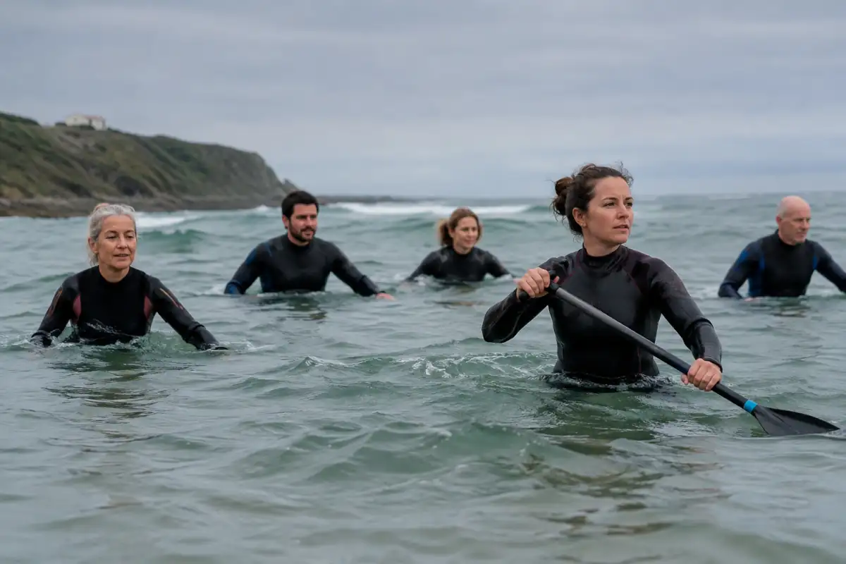 Groupe de longe-côte marchant dans l’eau jusqu’au torse, en combinaisons néoprène, sur le littoral français.