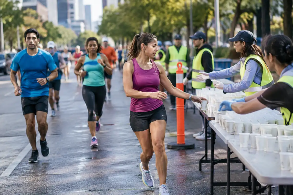 Un coureur se décale vers une table de ravitaillement d’un marathon pour prendre un gobelet sans couper la trajectoire des autres participants.