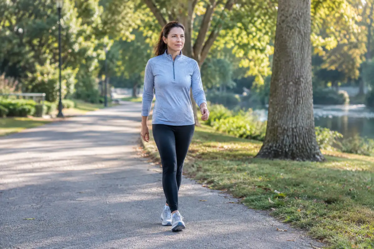 Marcheuse avançant d’un pas soutenu sur une allée de parc, une pratique régulière favorable à l’endurance et au bien-être.