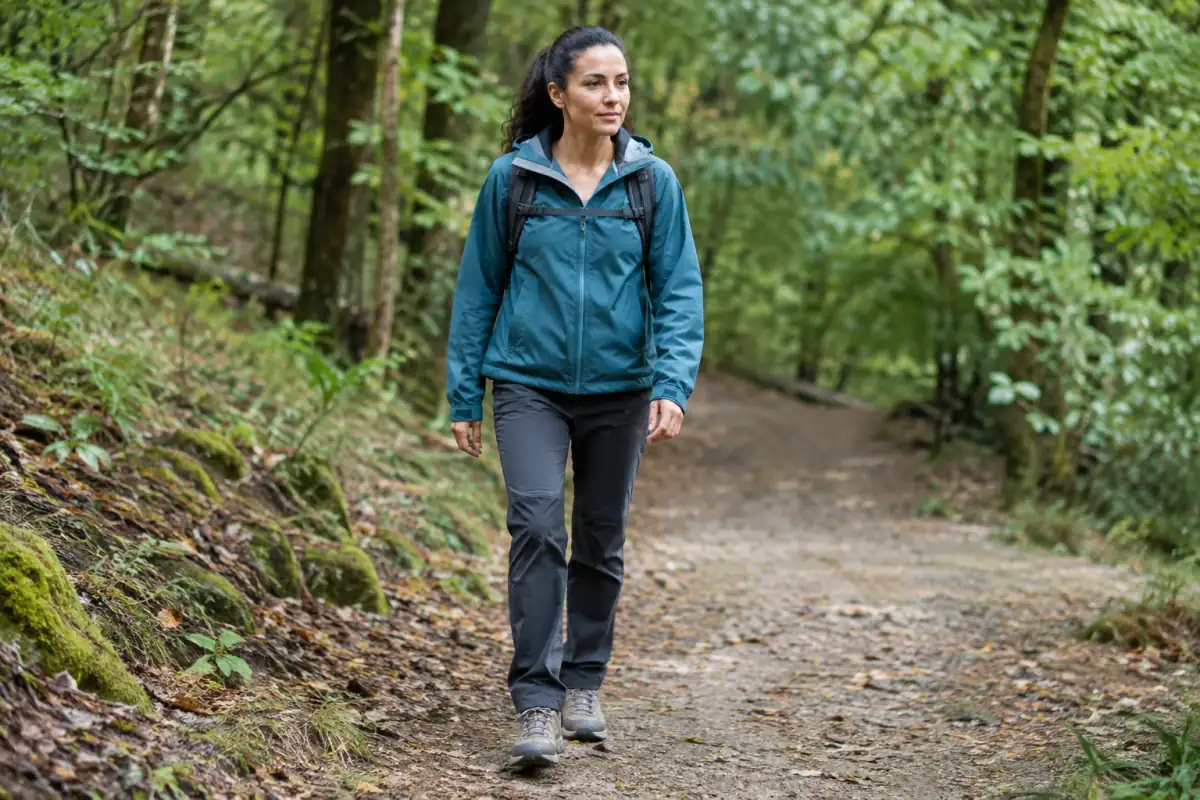 Une marcheuse avance à allure calme sur un sentier forestier, en pratiquant la marche afghane sans bâtons.