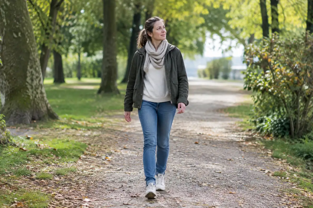 Une personne marche lentement sur un chemin de parc, attentive à ses pas et à l’environnement lors d’une marche méditative.