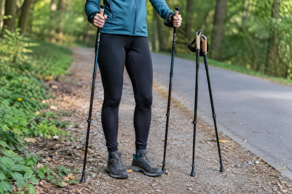 Essai de bâtons de marche nordique à dragonnes et embouts en caoutchouc, avec chaussures adaptées à un chemin et à la route.