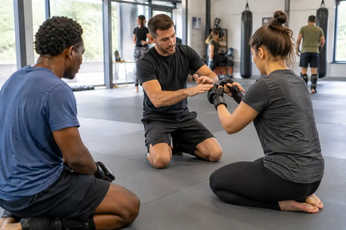Un coach explique un exercice contrôlé à deux débutants sur le tapis d’un club de MMA, sans échange de coups.