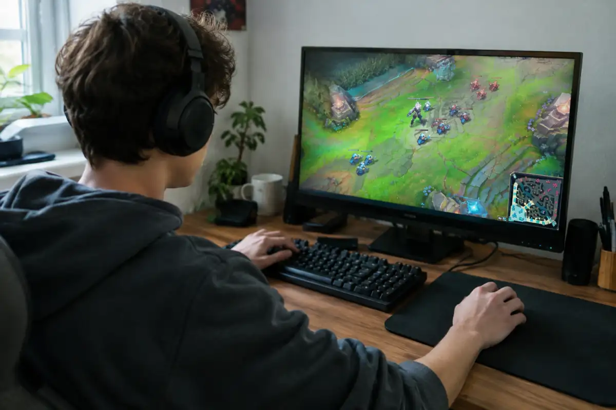 Joueur de MOBA travaillant ses gestes sur une carte fictive, clavier et souris en main devant son écran.