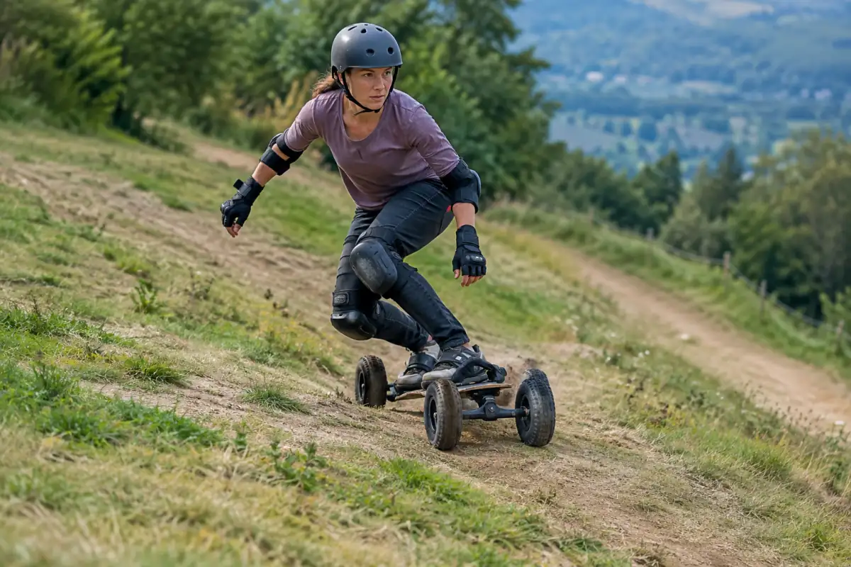 Un pratiquant de mountainboard en casque et protections négocie un virage sur une piste herbeuse avec sa planche à grandes roues.