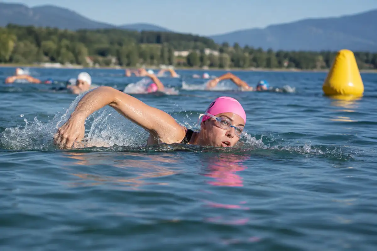 Nageurs en crawl sur un parcours balisé en lac lors d’une épreuve de natation en eau libre.