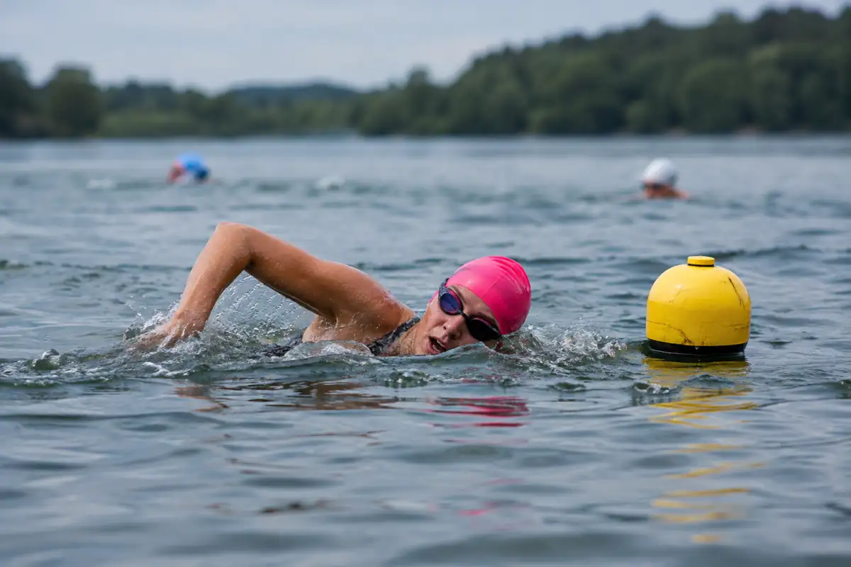 Nageur en eau libre s’entraînant à contourner une bouée pendant une séance encadrée sur un parcours de lac.