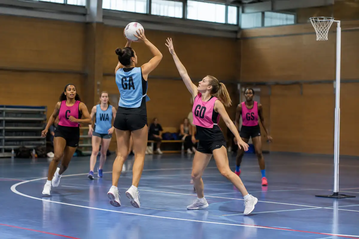 Une joueuse de netball Fast5 tire près du cercle de but tandis qu’une défenseuse lève les bras dans un gymnase.
