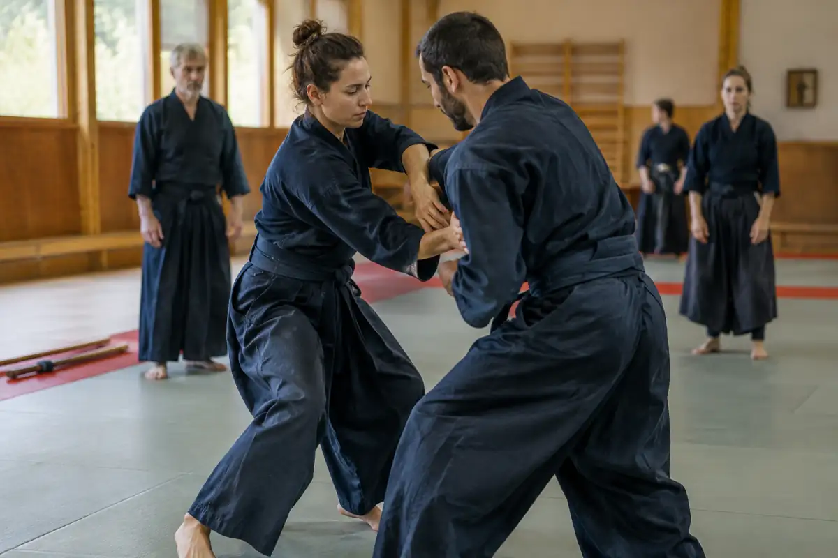 Deux pratiquants travaillent une technique de taijutsu en ninjutsu dans un dojo, avec des armes d’entraînement posées à proximité.