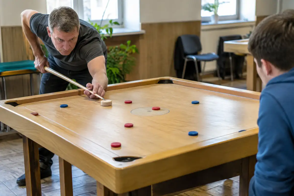 Un joueur vise un palet avec sa queue sur une table carrée de novuss, tandis que son adversaire observe le coup.