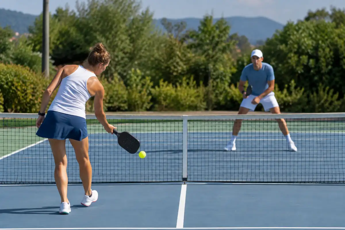 Joueur servant à la cuillère au paddle tennis américain sur un court extérieur réduit, avec sa palette pleine et le filet.