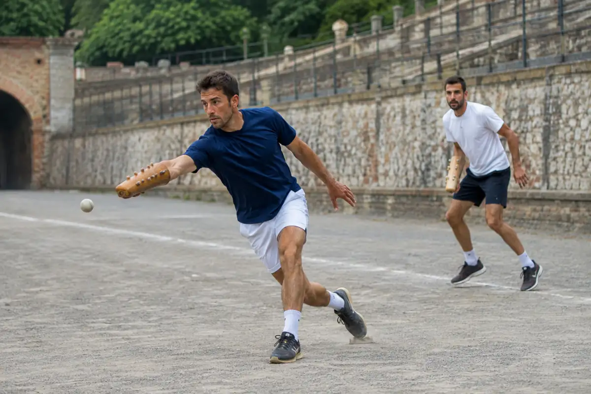 Un joueur frappe le ballon avec son bracciale pendant une partie de pallone col bracciale sur un long terrain italien.