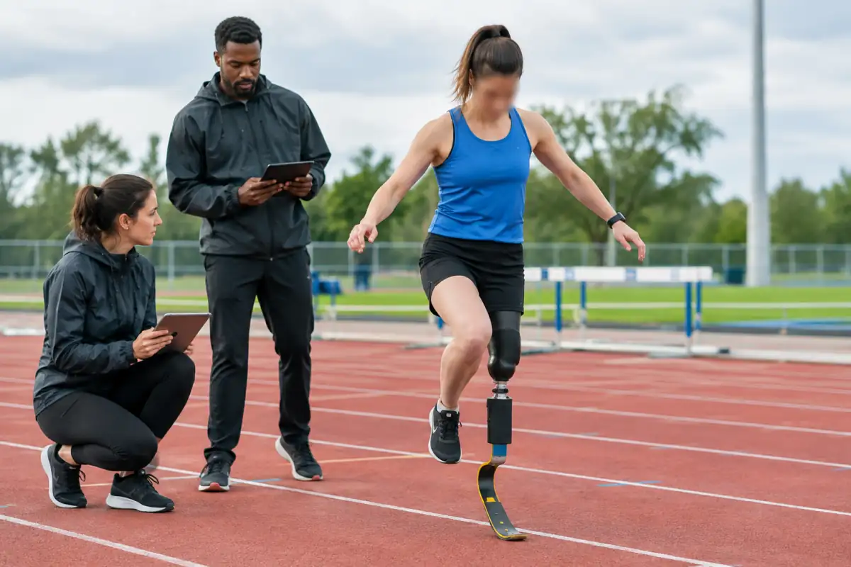 Un athlète réalise un exercice de mouvement sur une piste tandis que des classificateurs observent son geste lors d’une évaluation.
